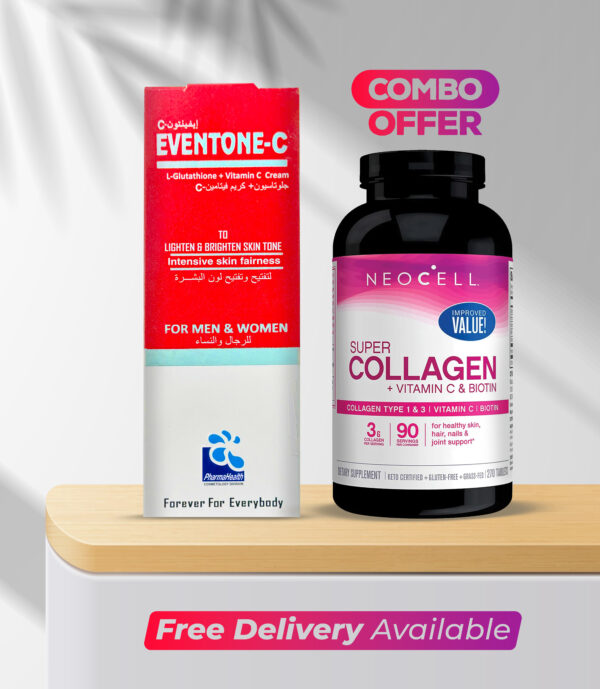 Super Combo Offer: Eventone-C L-Glutathione & Vitamin C Cream To Lighten And Brighten Skin Tone For Men & Women + Neocell Super Collagen + Vitamnic C & Biotin Tab 270S