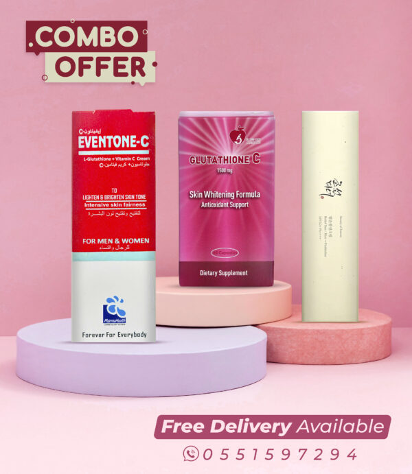 Super Combo Offer: Glutathione C – 1500mg Antioxidant Support with Vitamin C (60 Capsules) + Eventone-C L-Glutathione & Vitamin C Cream To Lighten And Brighten Skin Tone For Men & Women + Beauty of Joseon Relief Sun Organic Sunscreen With Rice & Probiotics SPF50+ & PA++++