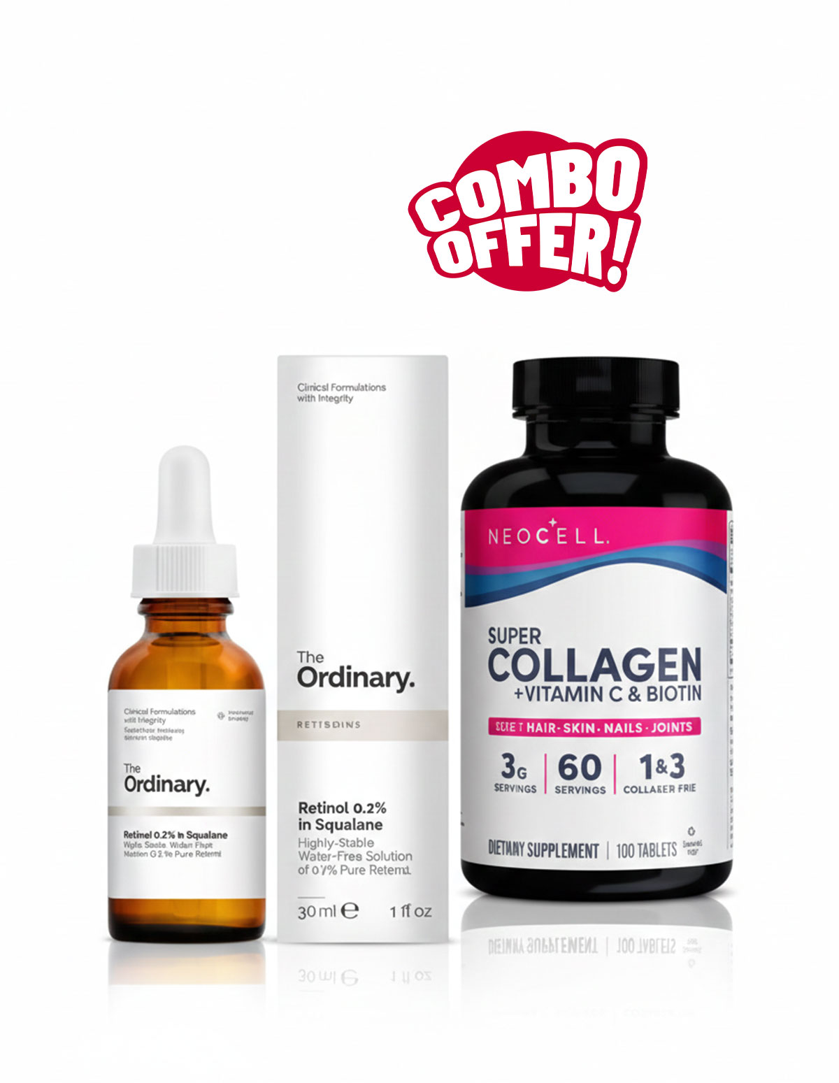 Super Combo Offer : The Ordinary Retinol 0.2% in Squalane Antiaging Face Serum 30ml + NeoCell Super Collagen + Vitamin C & Biotin Tablets For healthy skin, hair, nails & joints 180's