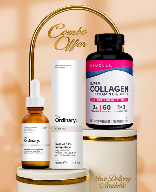 Super Combo Offer : The Ordinary Retinol 0.2% in Squalane Antiaging Face Serum 30ml + NeoCell Super Collagen + Vitamin C & Biotin Tablets For healthy skin, hair, nails & joints 180's