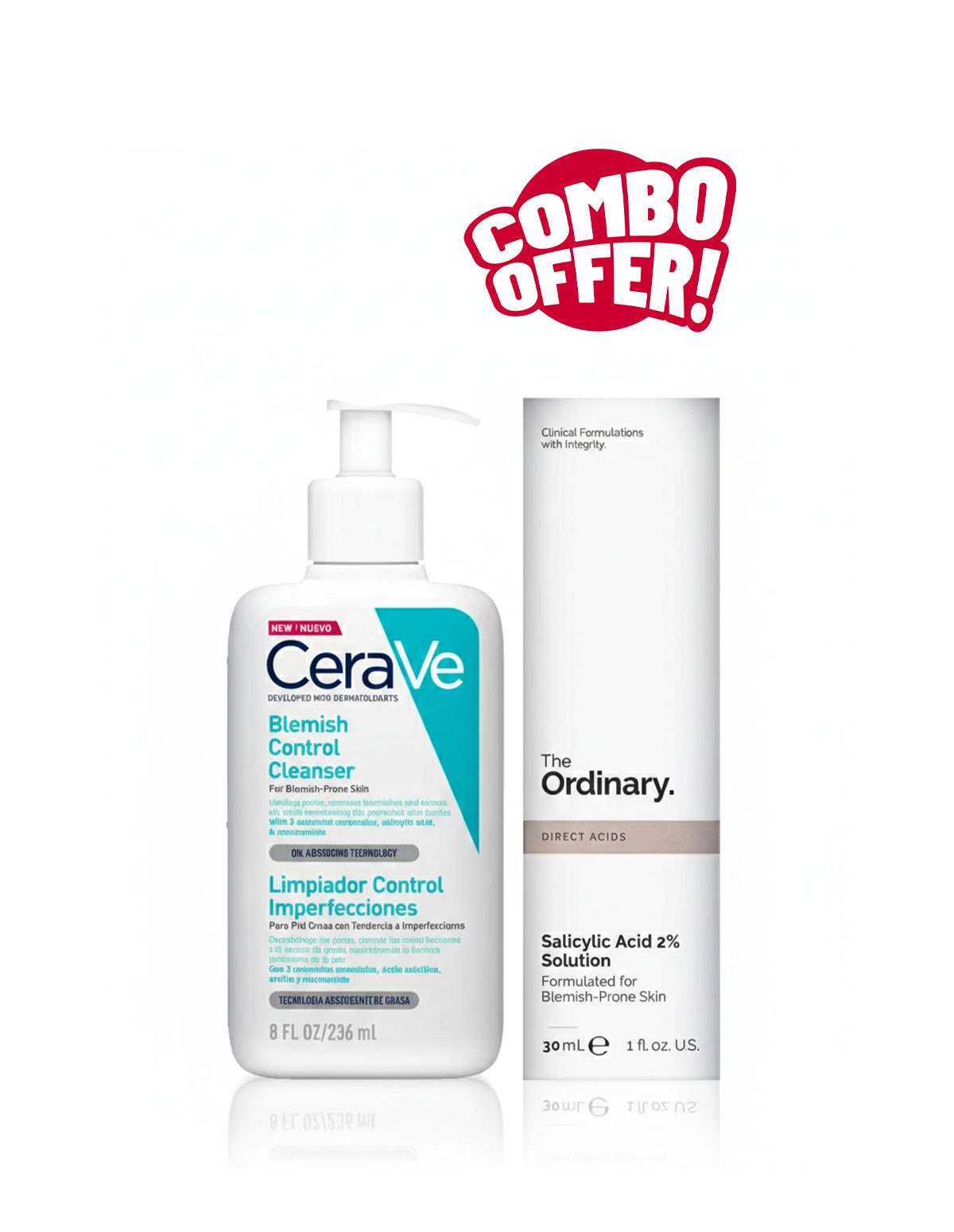 Super Combo Offer : CeraVe Blemish Control Facial Cleanser For Blemish Prone Skin 236ml + The Ordinary Salicylic Acid 2% Face Serum For Acne Prone Skin 30ml