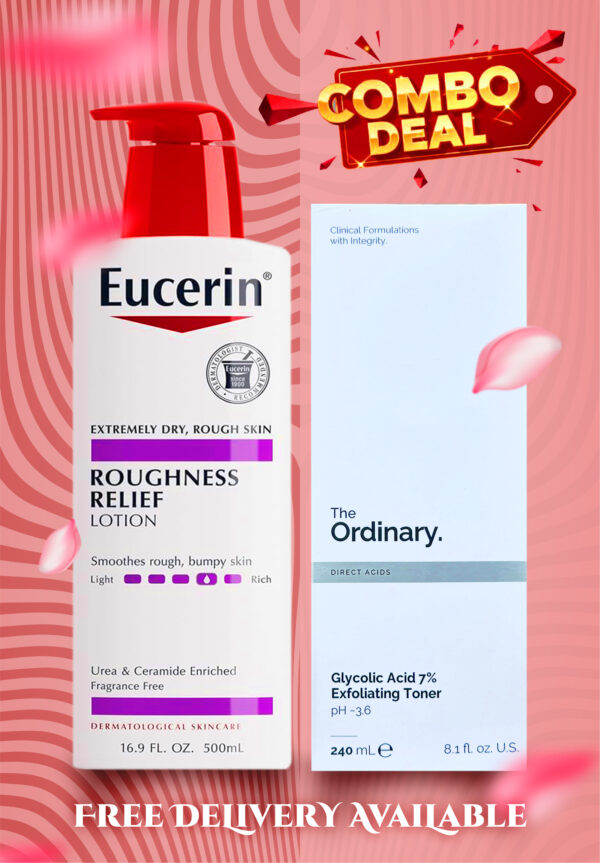Super Combo Offer : Eucerin, Roughness Relief Lotion, Fragrance Free, 16.9 fl oz (500 ml) + The Ordinary Glycolic Acid 7% Exfoliating Toner 240ml