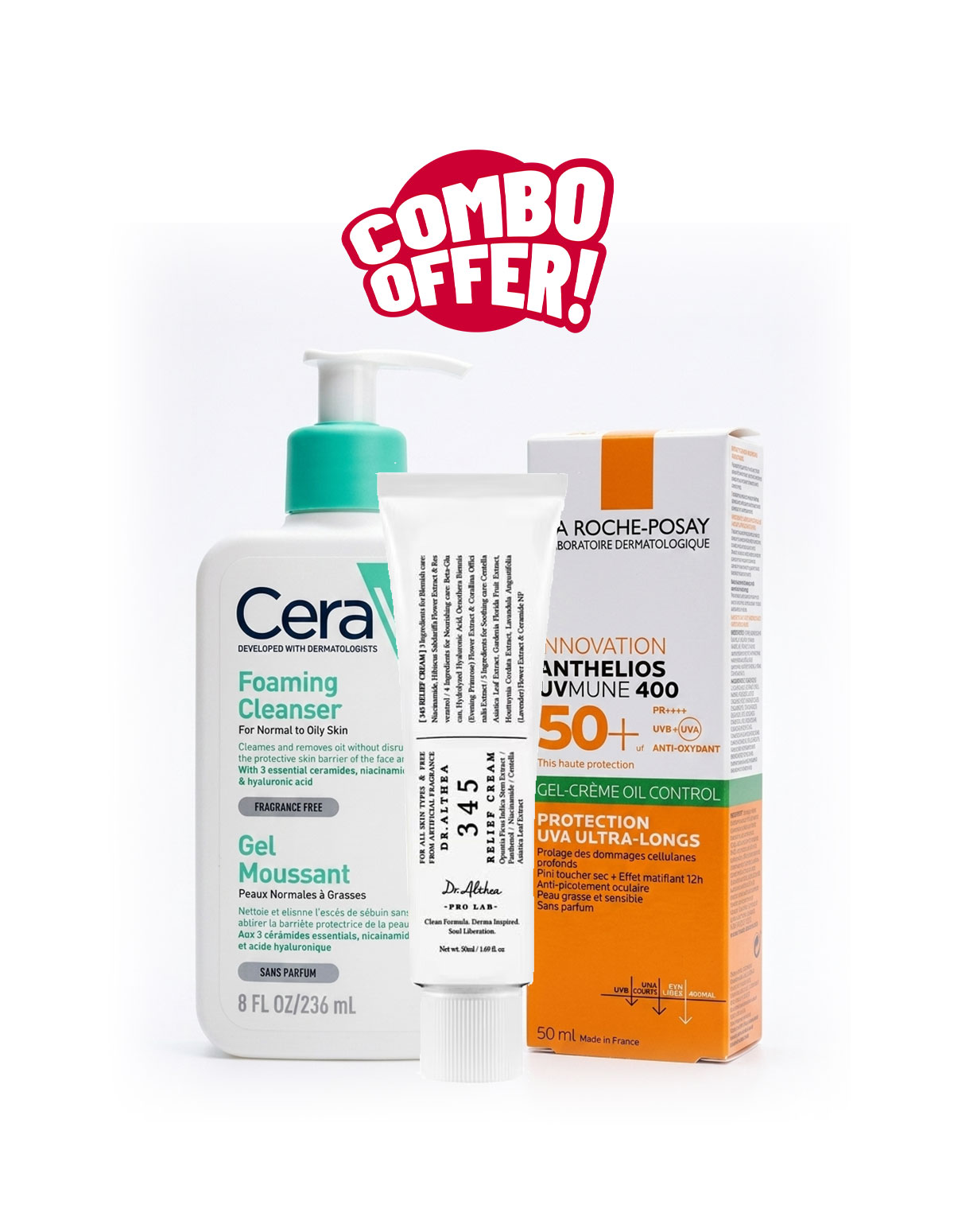 Super Combo Offer : CeraVe Foaming Cleanser + La Roche-Posay UVMune 400 Sunscreen + Dr. Althea 345 Relief Cream