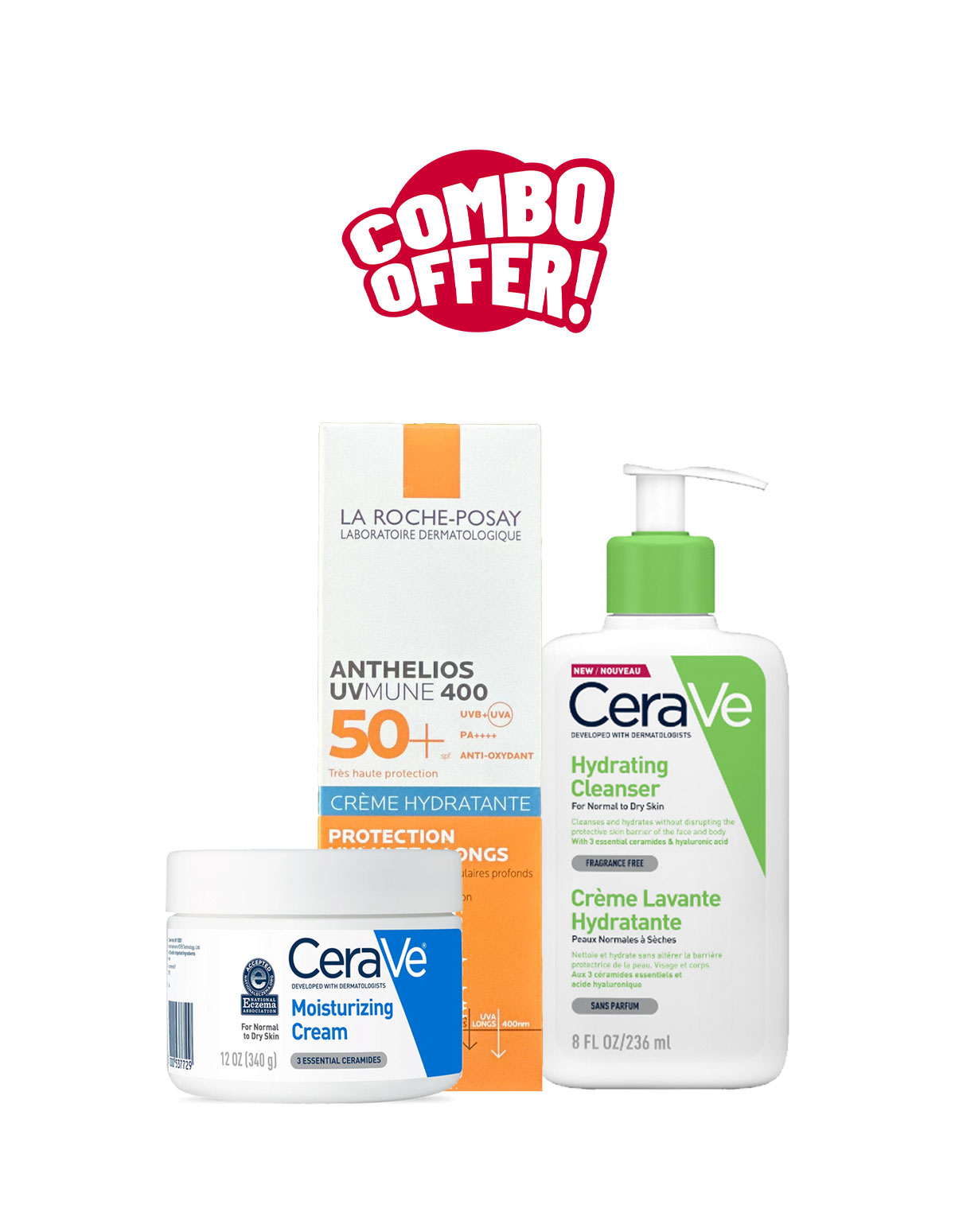 Super Combo Offer: CeraVe Hydrating Cleanser + CeraVe Moisturizing Cream + La Roche-Posay Anthelios UVMune 400 SPF50